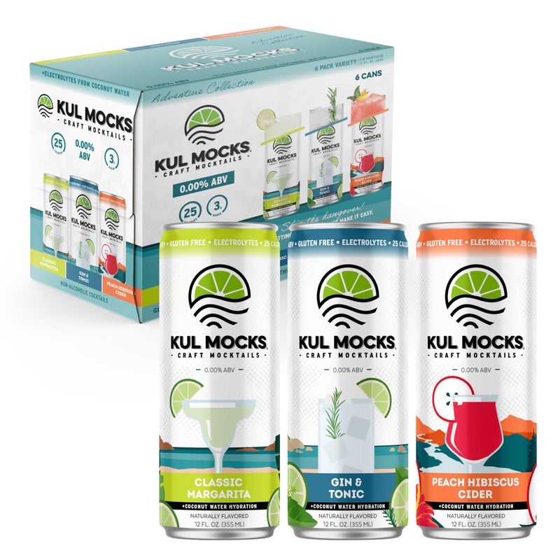 KUL MOCKS Adventure Collection - Margarita, Gin and Tonic, Peach Hibiscus Cider - Premium Non-Alcoholic Mocktail - Zero Proof Cocktail - Low Calorie, Gluten-Free, No Adaptogens, Ready to Sip - 6-Pack - Image 1