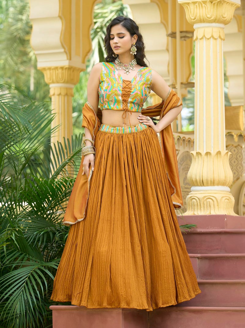 PURVAJA Women's Silk Semi-Stitched Lehenga choli (Elina-Yellow_Free Size) - Image 2