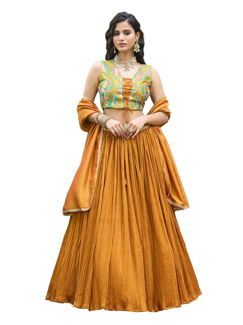 PURVAJA Women's Silk Semi-Stitched Lehenga choli (Elina-Yellow_Free Size) - Image 1