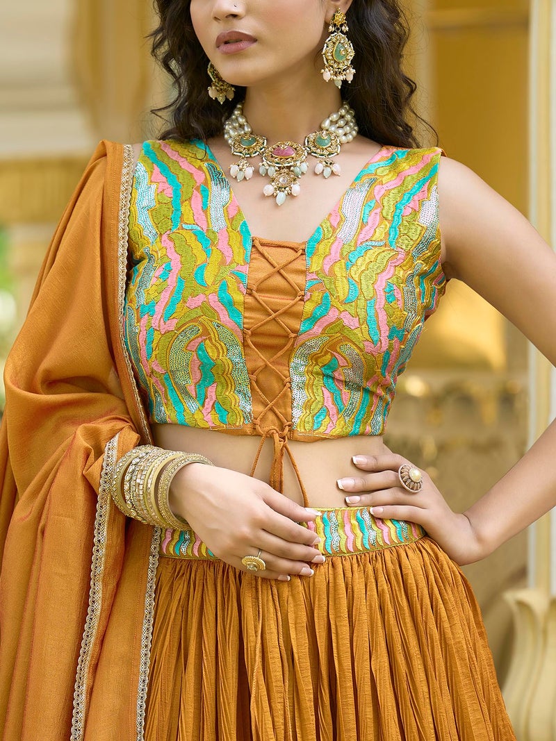PURVAJA Women's Silk Semi-Stitched Lehenga choli (Elina-Yellow_Free Size) - Image 3
