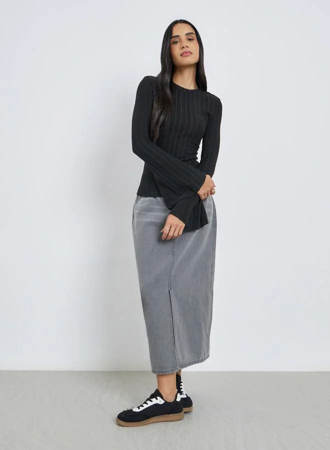 Styli Styli Textured Flared Long Sleeve Knit Top