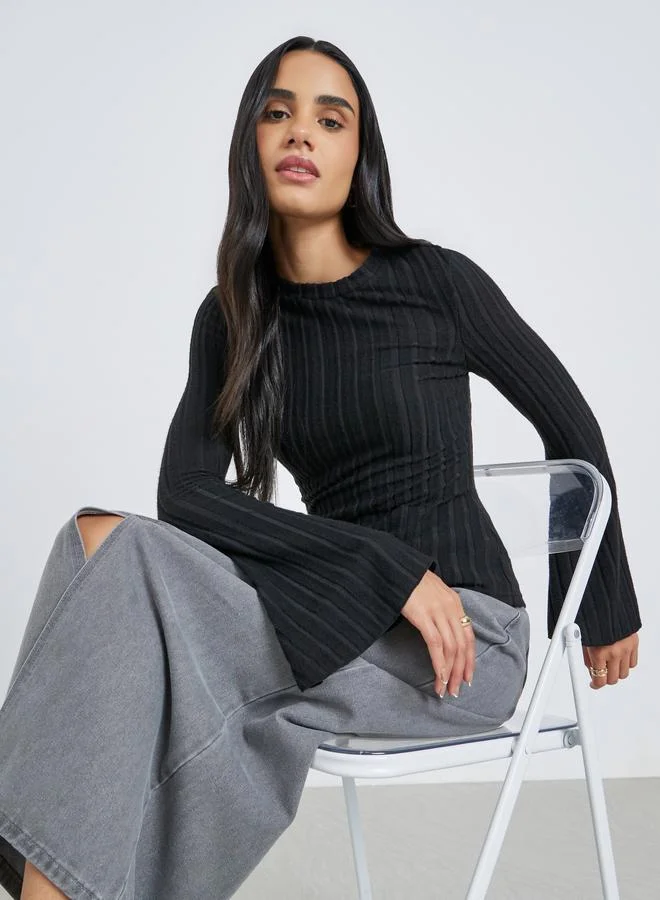 Styli Styli Textured Flared Long Sleeve Knit Top