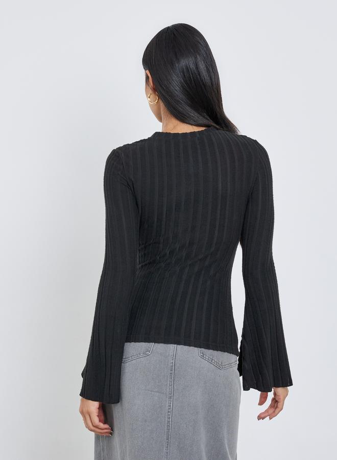 ستايلي بلوزة محبوكة بأكمام طويلة واسعة بنقشة ستايلي - Image 5