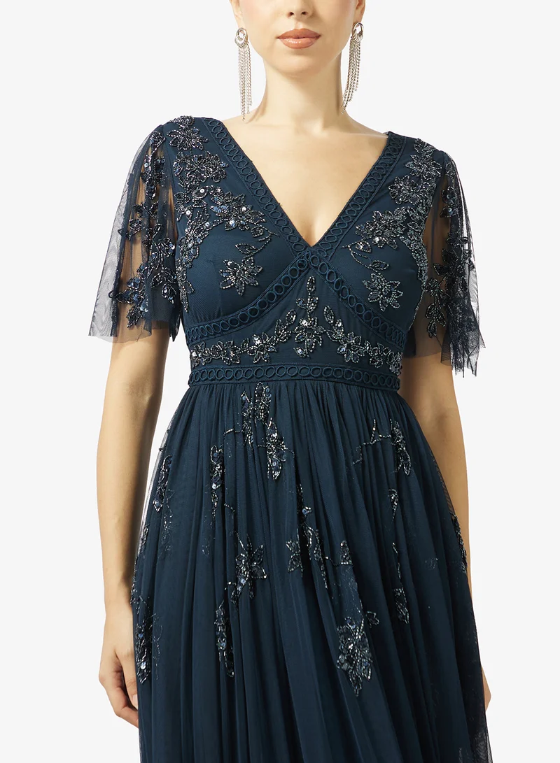 Maya  Embellished Angel Sleeve Open Back Maxi Dress for Women | Best Price UAE