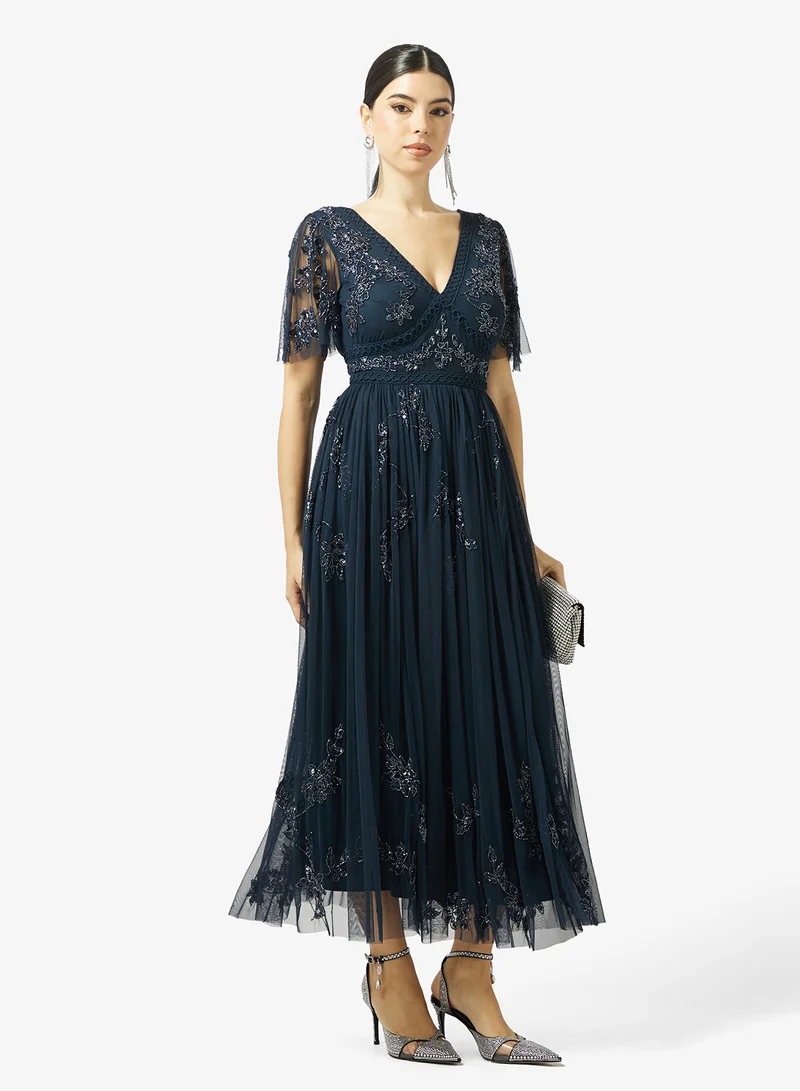 Maya  Embellished Angel Sleeve Open Back Maxi Dress for Women | Best Price UAE