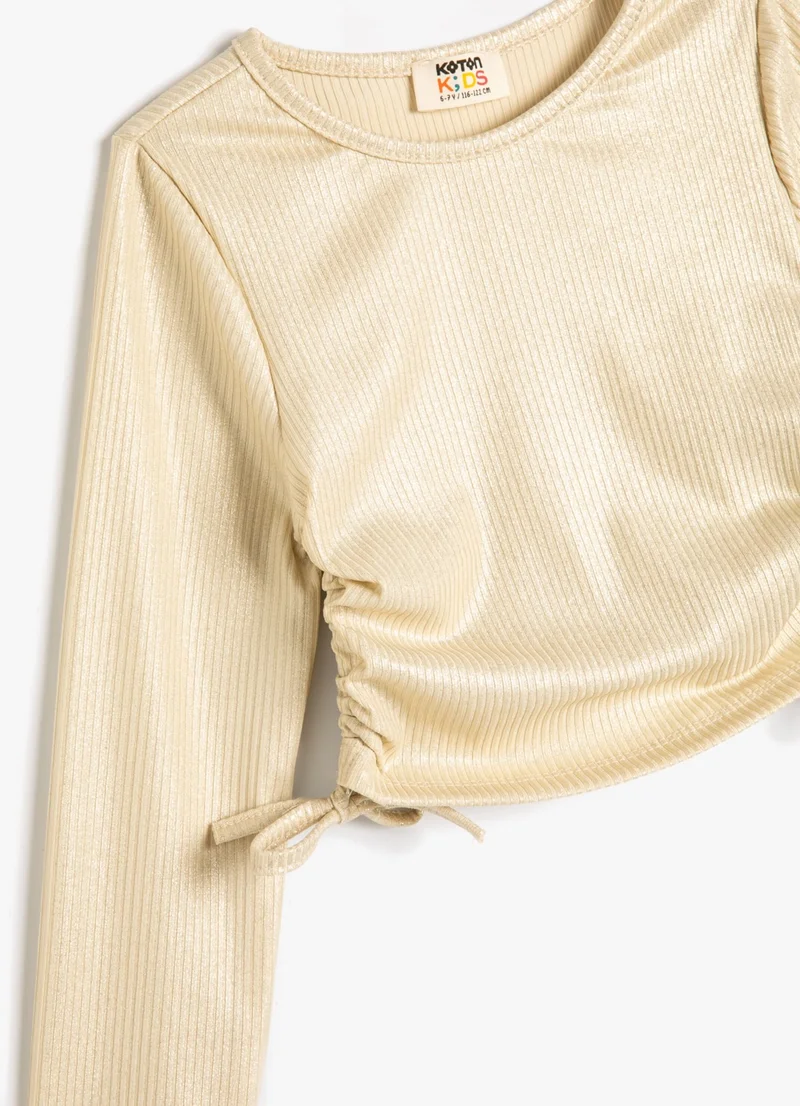 KOTON T-Shirt Long Sleeve Crew Neck Shiny Fabric Ribbed Gathering Detail