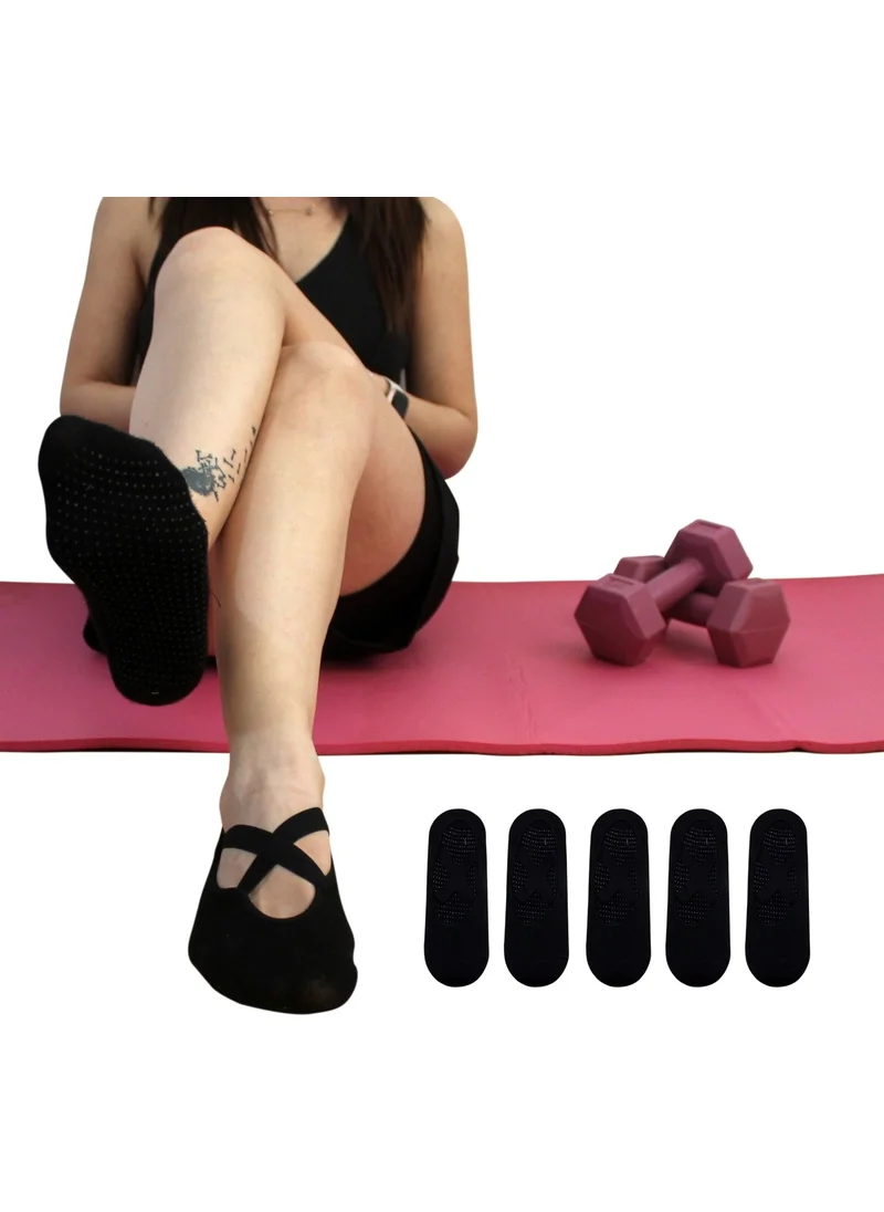 سويكس 5 Pairs Bamboo Black Anti-Slip Sole Silicone Printed Yoga Fitness Pilates And Activity Women's Socks