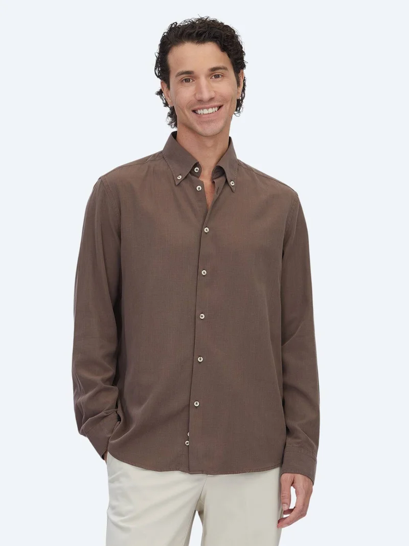 Kip Brown Regular Fit Long Weaving Casual Cotton Blended Shirt