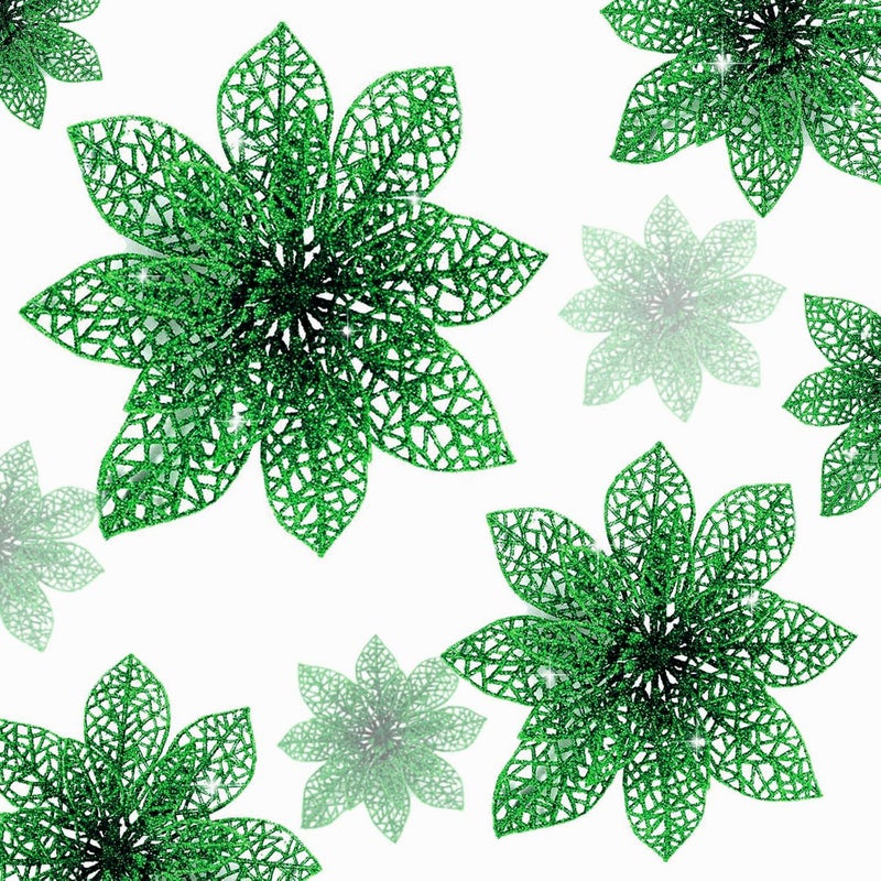 Wironlst 24 Pieces Glitter Poinsettia Flowers Christmas Tree Ornaments  Glitzy Poinsettia Bushes Christmas Decorations for Xmas/Holiday/Seasonal/Wedding (Green) - Image 1