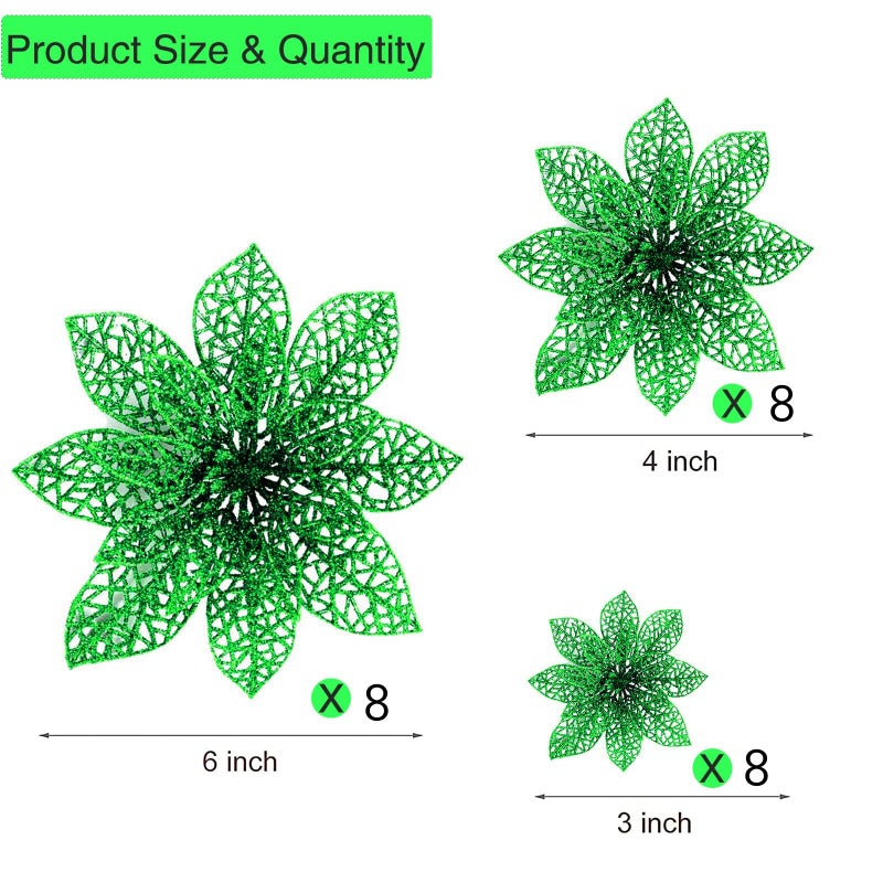 Wironlst 24 Pieces Glitter Poinsettia Flowers Christmas Tree Ornaments  Glitzy Poinsettia Bushes Christmas Decorations for Xmas/Holiday/Seasonal/Wedding (Green) - Image 4