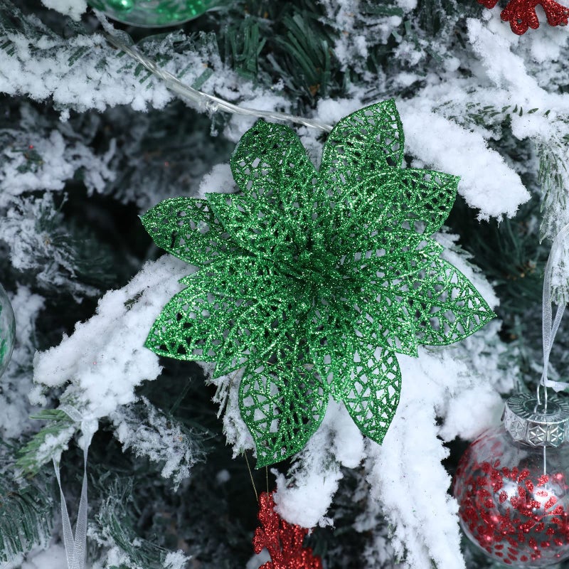 Wironlst 24 Pieces Glitter Poinsettia Flowers Christmas Tree Ornaments  Glitzy Poinsettia Bushes Christmas Decorations for Xmas/Holiday/Seasonal/Wedding (Green) - Image 5