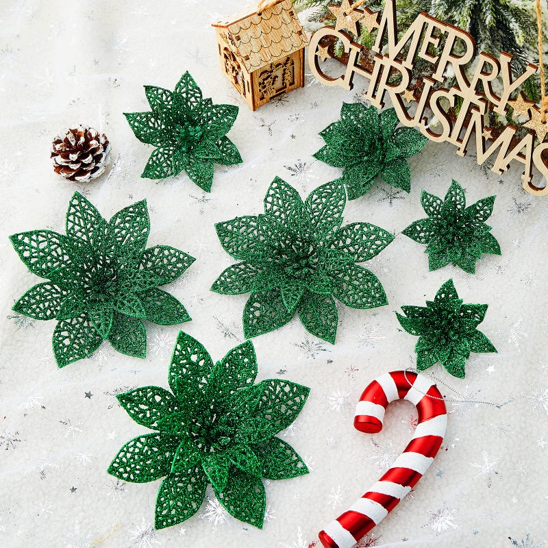 Wironlst 24 Pieces Glitter Poinsettia Flowers Christmas Tree Ornaments  Glitzy Poinsettia Bushes Christmas Decorations for Xmas/Holiday/Seasonal/Wedding (Green) - Image 2