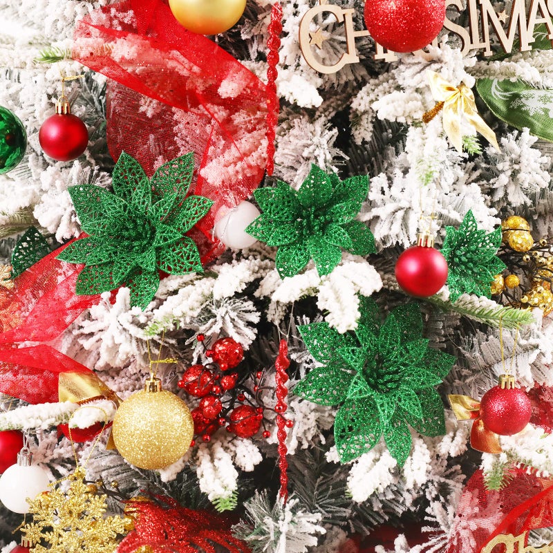 Wironlst 24 Pieces Glitter Poinsettia Flowers Christmas Tree Ornaments  Glitzy Poinsettia Bushes Christmas Decorations for Xmas/Holiday/Seasonal/Wedding (Green) - Image 3