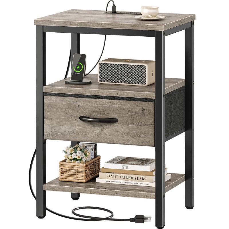 SUPERJARE Nightstand with Charging Station Bed Side Table with Adjustable Fabric Drawer Night Stand for Bedroom 3Tier Storage End Table for Living Room Oak