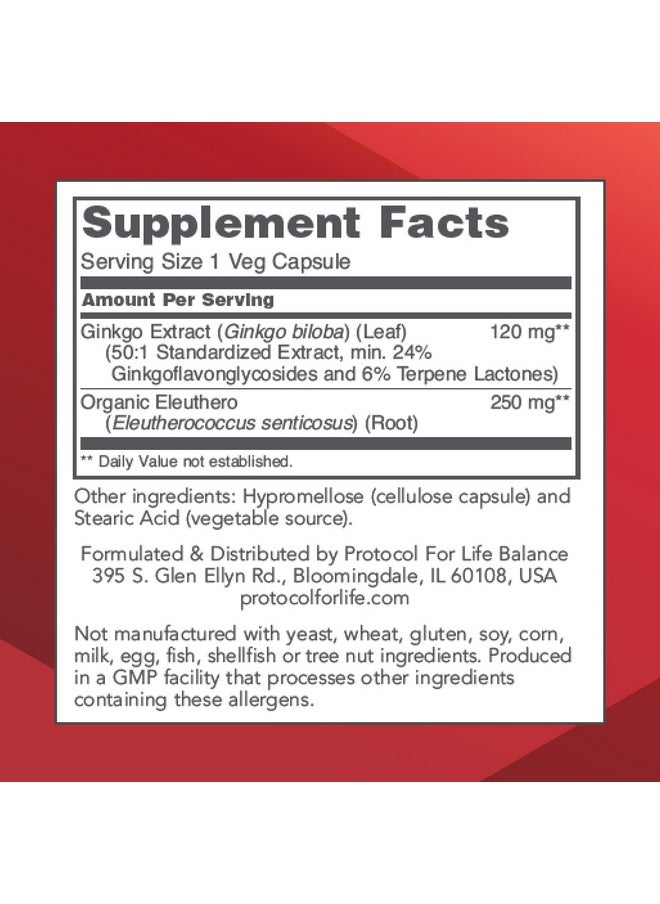 Protocol For Life Balance - Protocol Ginkgo Biloba - 120 mg Ginkgo Biloba Extract - with Eleuthero - for Brain Health & Blood Circulation Support - Dairy Free & Non-GMO - 100 Veg Capsules - Image 1