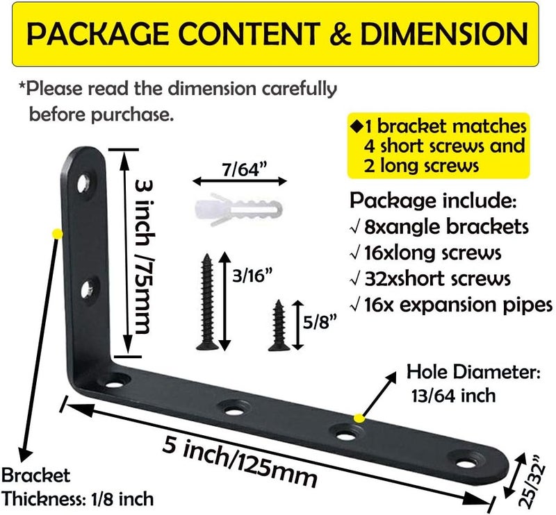 WINKER Corner Brace 8 Pcs Shelf Bracket Heavy Duty Black Steel L Corner Brace, Decorative Joint Angle Bracket for Shelf 5 InchX3 Inch Shelves Wall Hanging Bracket with Screws (125X75mm(5 InchX3 Inch)(4PCS) - Image 2