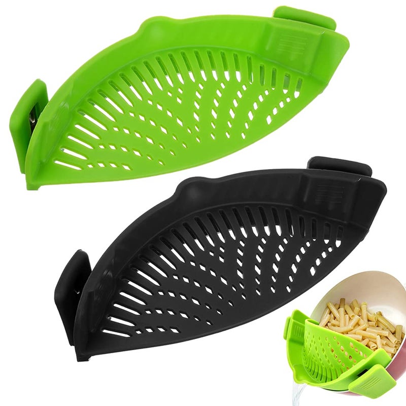 2 PACK Clip on Strainer for Pots Pan Pasta Strainer Silicone Food Strainer HandsFree Pan Strainer Clipon Kitchen trainer for Spaghetti Pasta Ground Beef Fits All Bowls and Pots