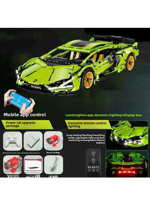 Cyberpunk Lamborgan Green Cow Building Blocks Black Samurai V12 Remote Control Car Boy Assembled Toy Car-Color:Container Version Green Lamborghini + Dynamic + Lighting + Display Box
