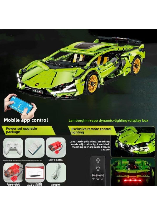 Cyberpunk Lamborgan Green Cow Building Blocks Black Samurai V12 Remote Control Car Boy Assembled Toy Car-Color:Container Version Green Lamborghini + Dynamic + Lighting + Display Box