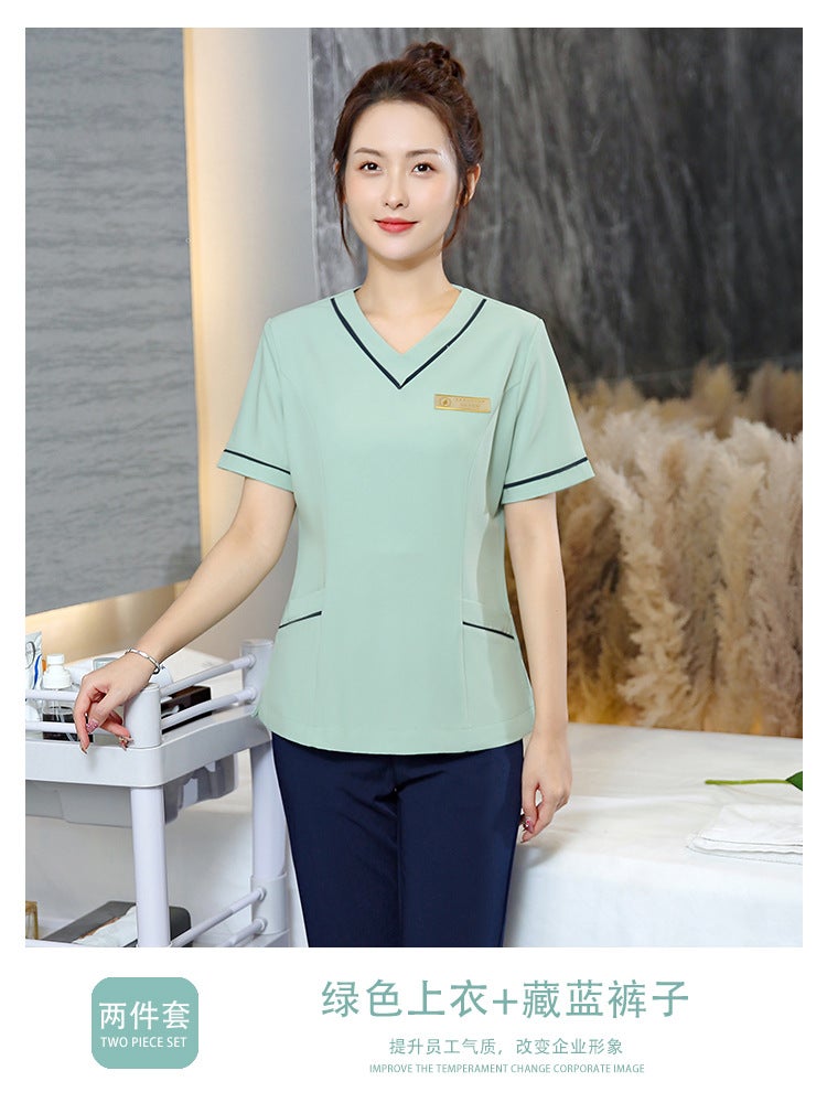 Summer Beauty Spa Uniform Set for WomenGreen Top + blue pants Green Top + blue pants