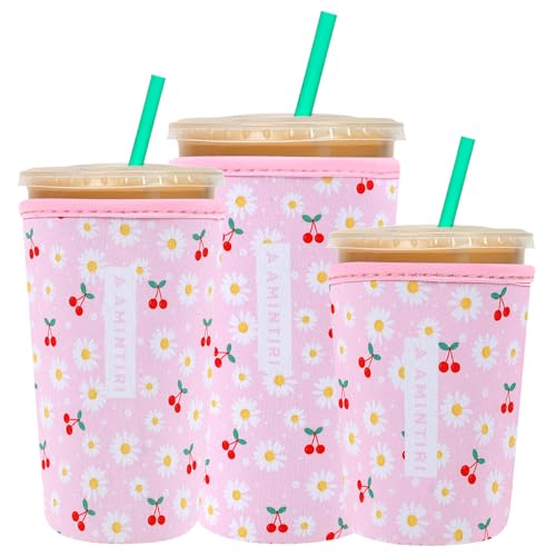 Amintiri 3 Pack Reusable Sleeve for Iced Coffee Cup, Coffee Neoprene Sleeve for Iced&Hot Drinks, Coffee Sleeve Compatible with Starbucks, Dunkin Coffee Cup. (Cherry&Daisy) - Image 1