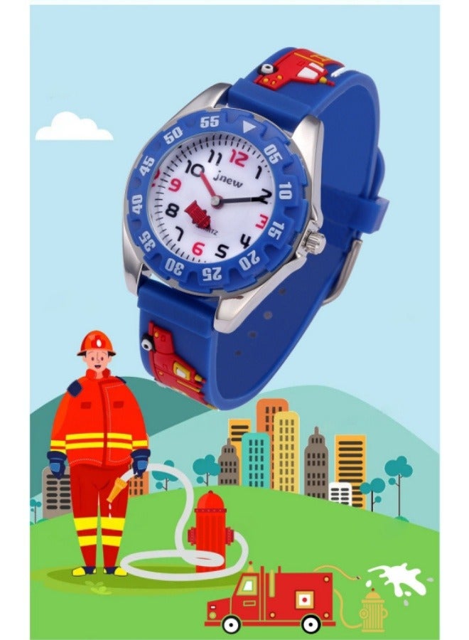 جنيو ساعة أطفال بنمط شاحنة إطفاء، ساعة كرتونية مقاومة للماء، ساعة سيليكون كوارتز، ساعة للأولاد والبنات بحزام سيليكون ثلاثي الأبعاد - Image 3
