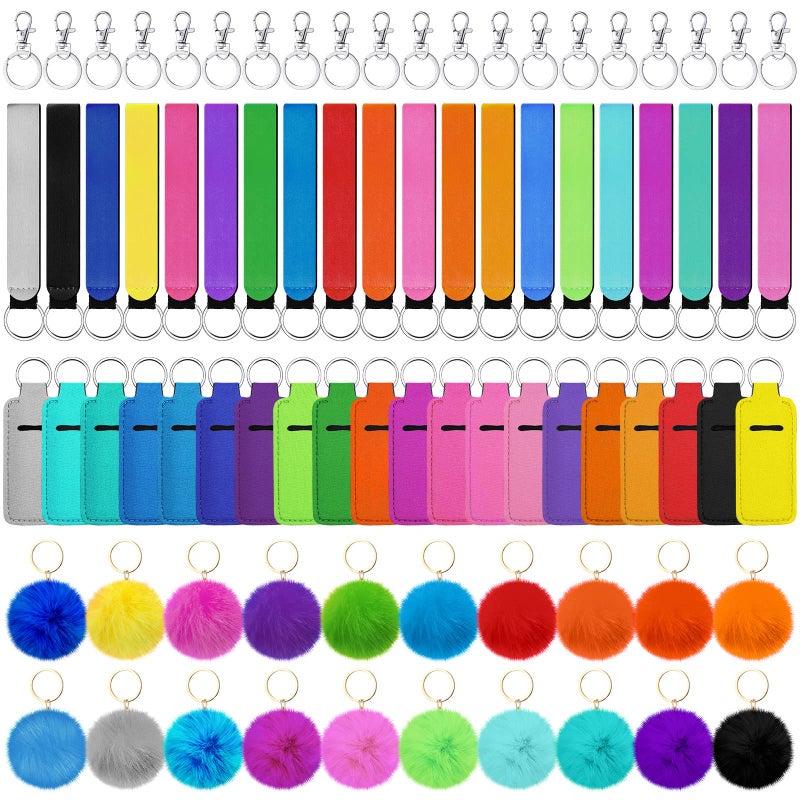 Tudomro 20 Sets Lipstick Holder Keychain Poms Keychains Bulk Lip Balm Holder Set Include Colorful Wristlet Key Rings Ball Metal Key Rings for Lipstick Lanyards Women - Image 1