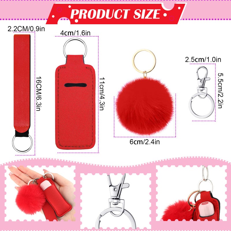 Tudomro 20 Sets Lipstick Holder Keychain Poms Keychains Bulk Lip Balm Holder Set Include Colorful Wristlet Key Rings Ball Metal Key Rings for Lipstick Lanyards Women - Image 4