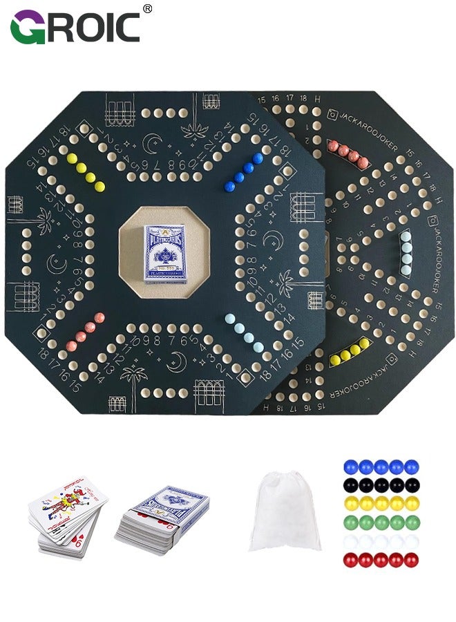 GROIC Jackaroo Board Game,Ludo Board Game,Jackaroo Joker Wooden Board Game for 4 or 6 players double sided,Includes Cards and Marbles, Small bag for Marbles,Jackaroo Game Family Game Marble Game - Image 1