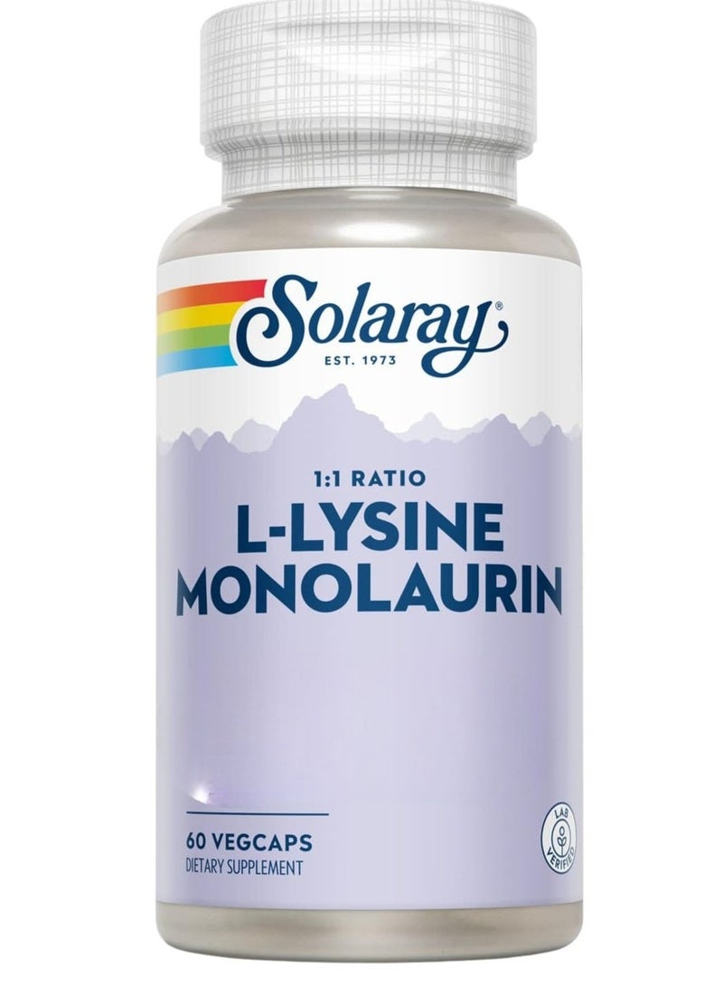 SOLARAY L-لايسين مونو لورين دعم المناعة مكمل، 500 ملغ لكل منها، ضمان استرداد الأموال لمدة 60 يومًا، 30 حصة، 60 كبسولة نباتية - Image 1