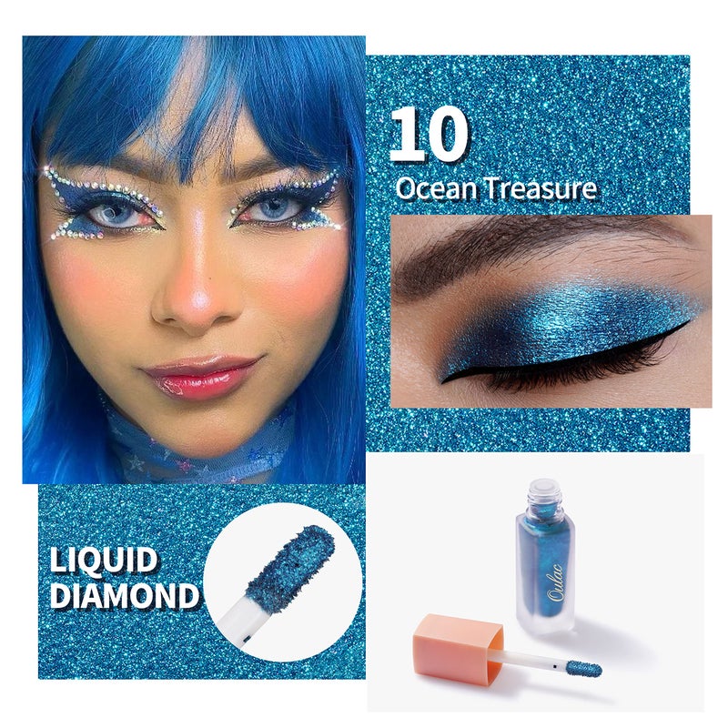 Oulac Blue Liquid Glitter Eyeshadow Liquid Shimmer Eyeshadow Liquid Eyeliner Non-sticky One-Swipe Coverage with Quick-Drying Crease-resistant Formula.Vegan & Cruelty-Free.(10) - Image 2