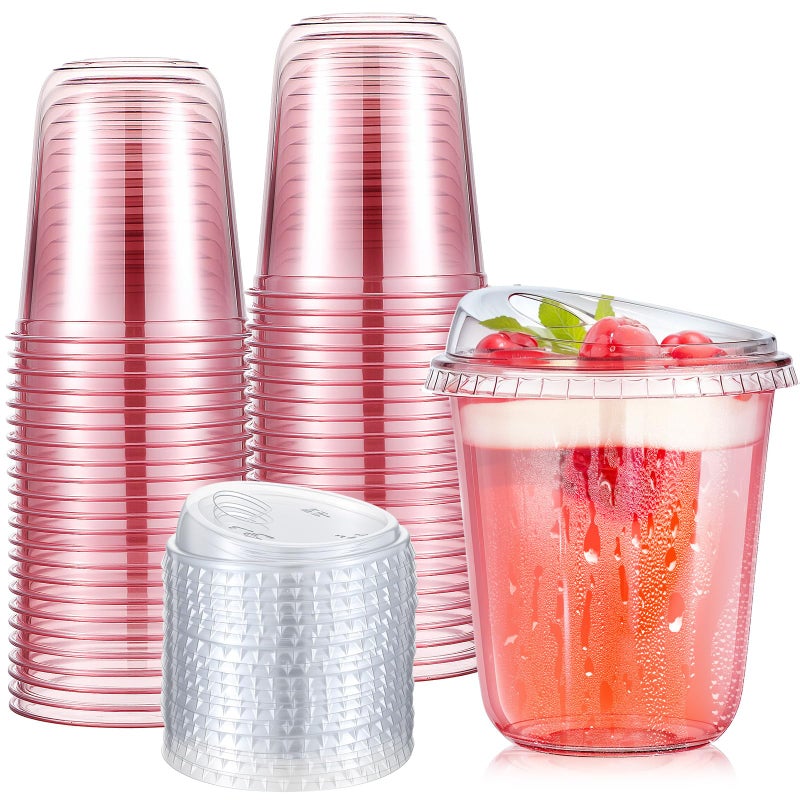 Ziliny 50 Sets Clear Plastic Coffee Cups with Sip Lids Disposable Plastic PET Crystal Cups for Iced Coffee Smoothie Cold Beverage Drink Shops and Party Catering Clear Pink14 oz - Image 3