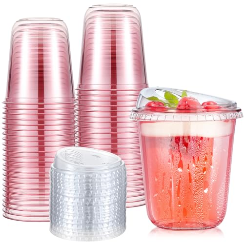 Ziliny 50 Sets Clear Plastic Coffee Cups with Sip Lids Disposable Plastic PET Crystal Cups for Iced Coffee Smoothie Cold Beverage Drink Shops and Party Catering Clear Pink14 oz - Image 2