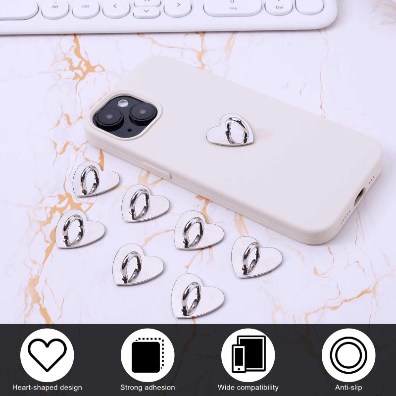 XIHIRCD 8قطع حامل حلقة هاتف محمول على شكل قلب، تعليقة هاتف بخطاف لاصق معدني، حلقة إصبع على شكل قلب، حامل هاتف لاصق لهاتف محمول، جهاز لوحي، إكسسوارات DIY (فضي) - Image 4