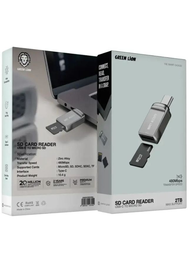 جرين ليون قارئ بطاقات SD - محول USB-C إلى بطاقة Micro SD من Green Lion | صغير الحجم وسريع النقل | لون فضي - Image 2