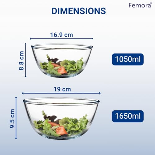 Femora Borosilicate Glass Microwave Safe All-Purpose Mixing Bowl,1050 ML, 1650 ML, Set of 2 (Transparent) - Image 4