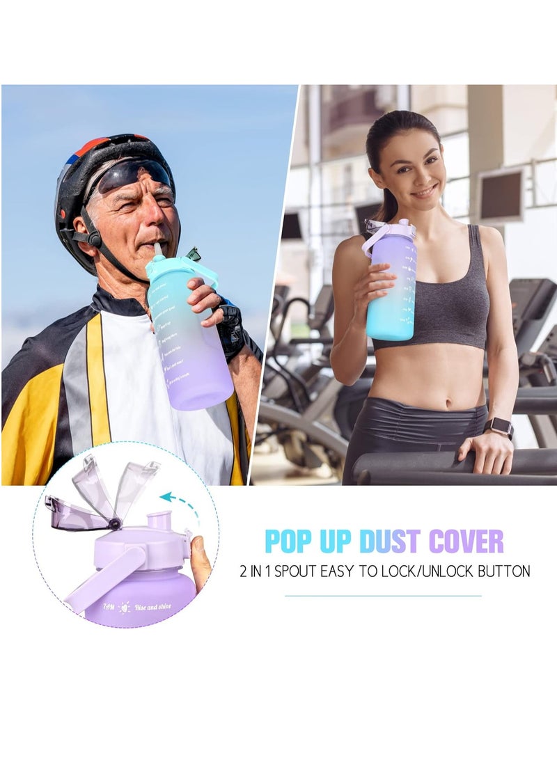 بيوينتي زجاجة ماء كبيرة 2 لتر مع قشّة وعلامات تحفيزية للوقت، إبريق 2000 مل مع مقبض للرياضة والجيم والتخييم، باللون الأرجواني والأزرق - Image 4