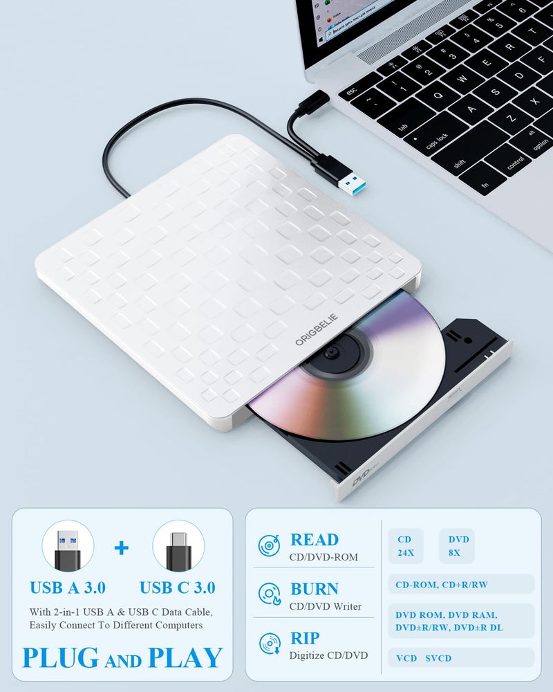 ORIGBELIE External CD/DVD Drive for Laptop, Ultra Slim 13mm USB 3.0 Type-C Portable DVD Player CD Burner Reader Writer Recorder for Desktop PC Windows 11/10/8/7 Linux Mac OS, White - Image 5
