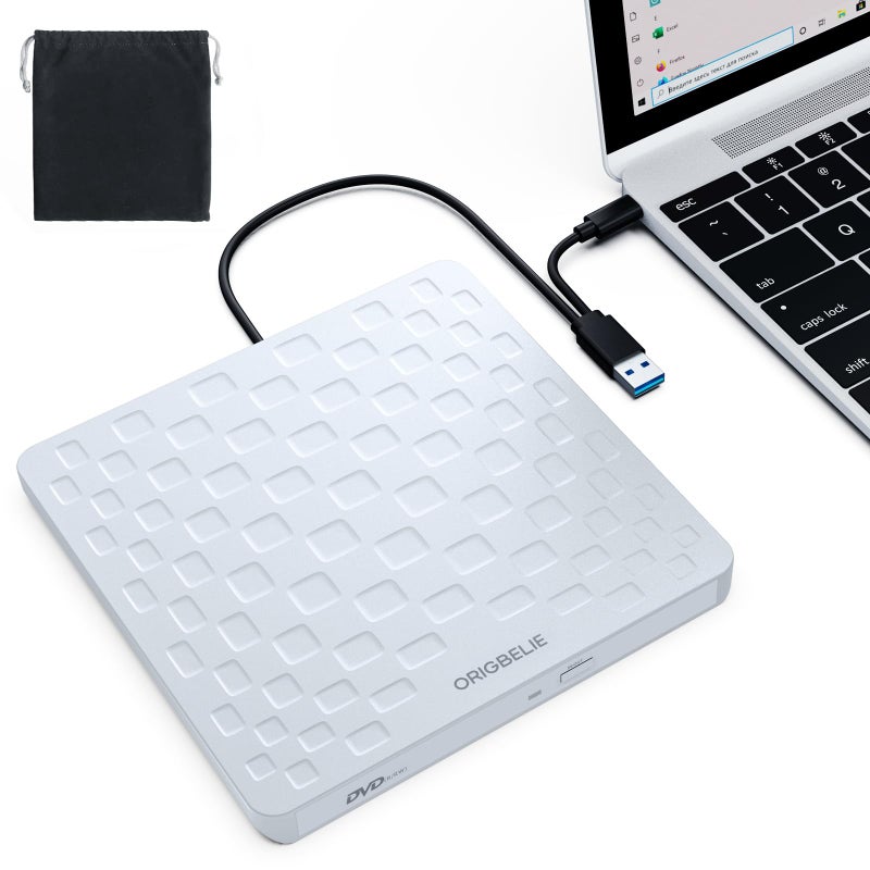 ORIGBELIE External CD/DVD Drive for Laptop, Ultra Slim 13mm USB 3.0 Type-C Portable DVD Player CD Burner Reader Writer Recorder for Desktop PC Windows 11/10/8/7 Linux Mac OS, White - Image 1