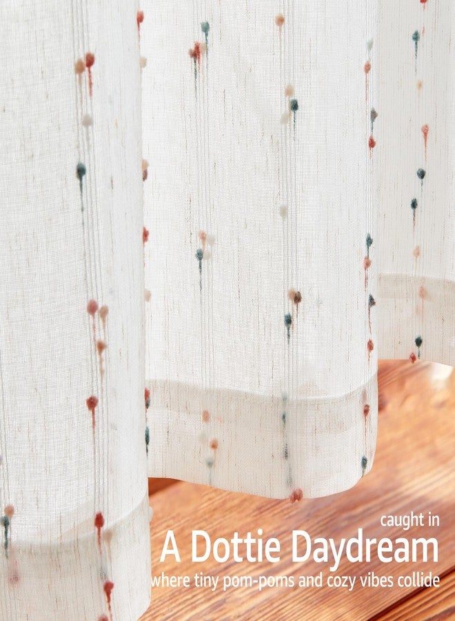 jinchan Semi Sheer Kitchen Curtains for Window 36 Inch Mini Pom-Pom Voile Tier Curtains Light Filtering Small Drapes for Bedroom Living Room Rod Pocket 2 Panels Blush Meadow - Image 3