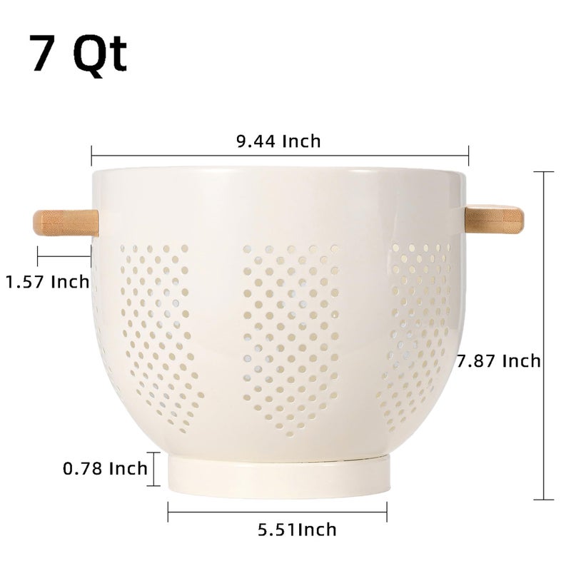 BeFare Metal Colander with Wood Handle and Stable Base, Powder Coated Steel Kitchen Strainer Basket for Draining Pasta, Vegetable and fruit (7quart,Cream) - Image 2
