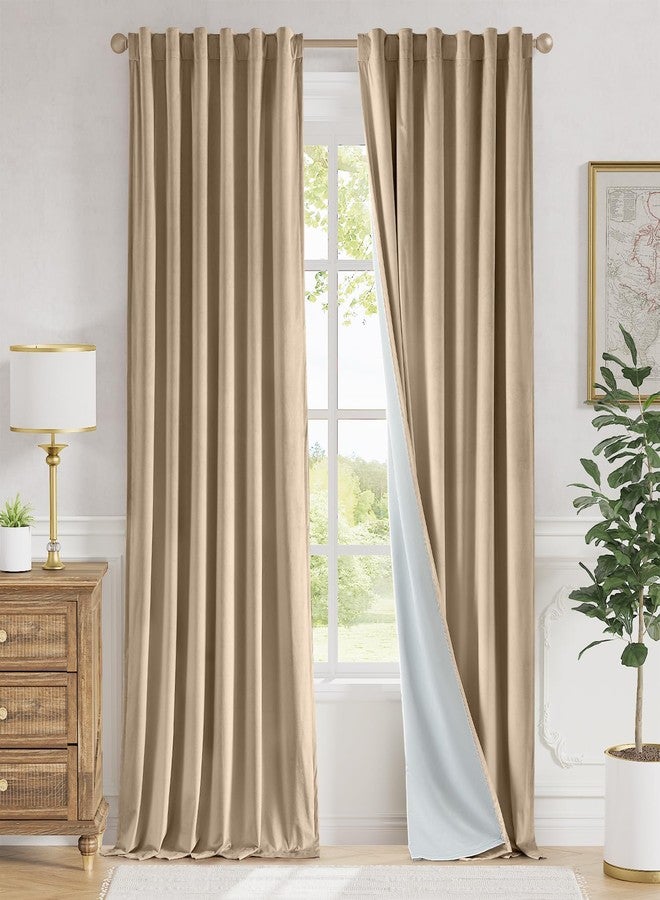 Lazzzy Cream Blackout Velvet Curtains 96 Inches Long Thermal Insulated Room Darkening Curtain Drapes Luxury Back Tab Window Treatments for Bedroom Living Room 2 Panels, 52 x 96 Inch, Latte - Image 1