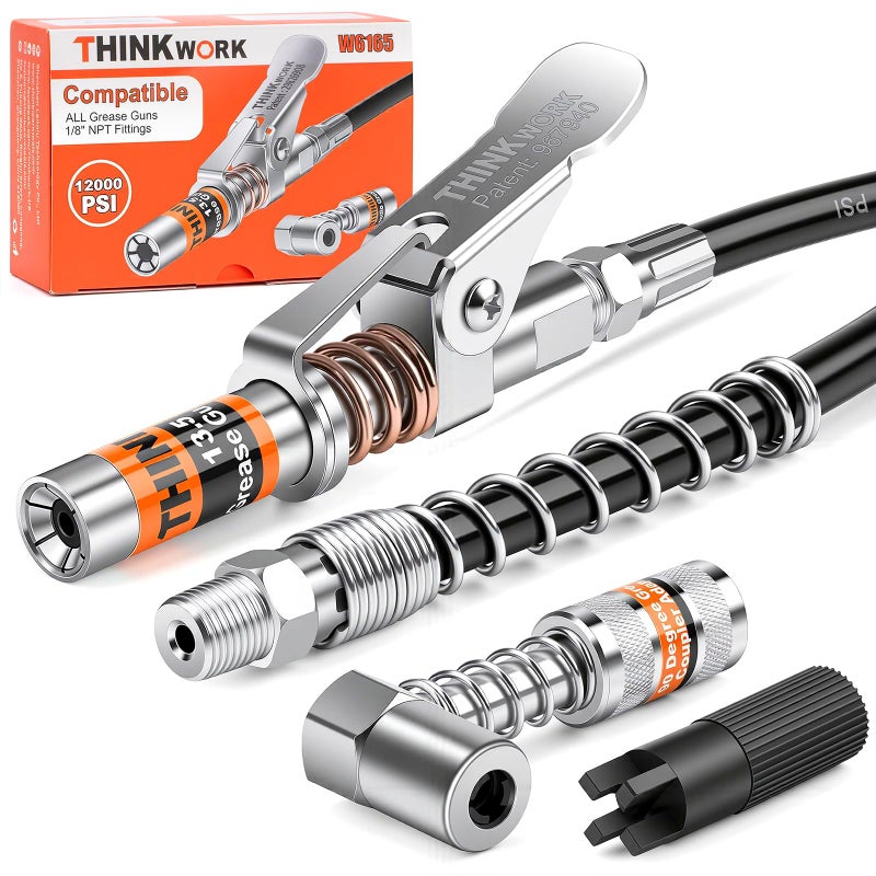 THINKWORK Grease Gun Coupler Set, Strong Lock on Greases Gun Couplers with 90Â° Grease Coupler Adaptor,12000 PSI Quick Release Grease Coupler Compatible with All Grease Guns 1/8" NPT Grease Gun Fitting - Image 1