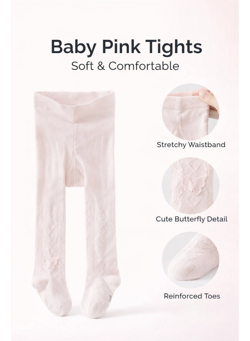 Dave & Bella Girls Textured Pink Tights with Butterfly Applique - Image 3