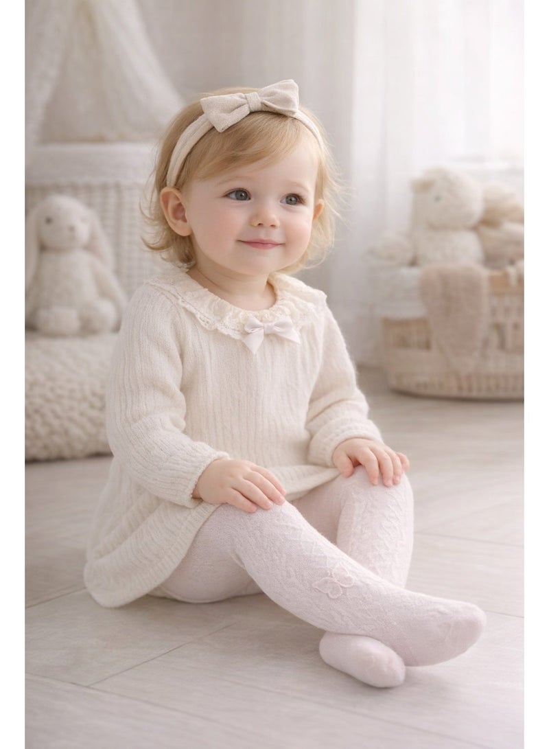Dave & Bella Girls Textured Pink Tights with Butterfly Applique - Image 2