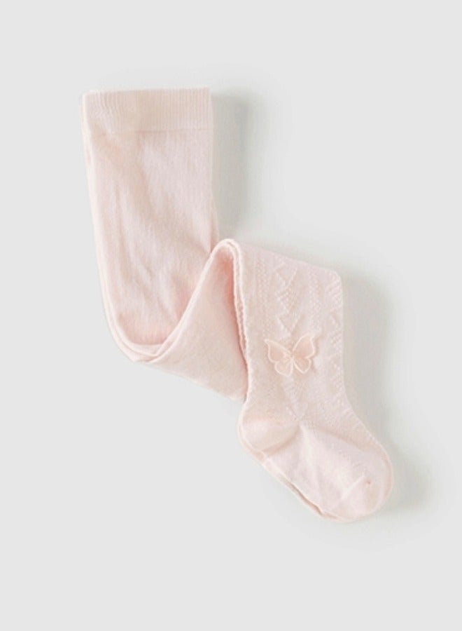 Dave & Bella Girls Textured Pink Tights with Butterfly Applique - Image 1