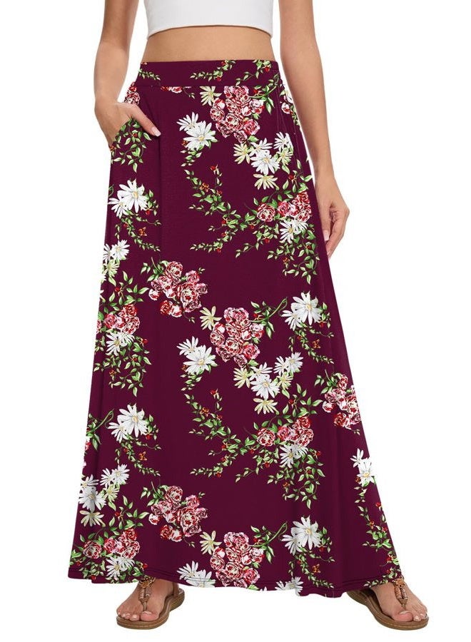Leafsay Womens Maxi A-line Long Summer Skirt Elastic High Waist Flowy Skirt with Pockets, Flower Wine Red, M - Image 1