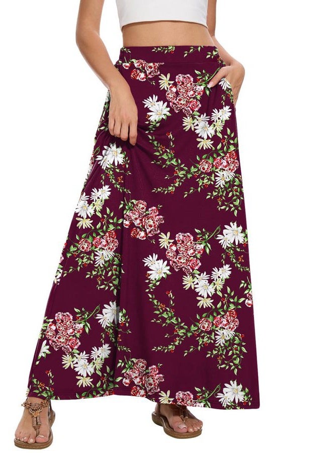 Leafsay Womens Maxi A-line Long Summer Skirt Elastic High Waist Flowy Skirt with Pockets, Flower Wine Red, M - Image 2