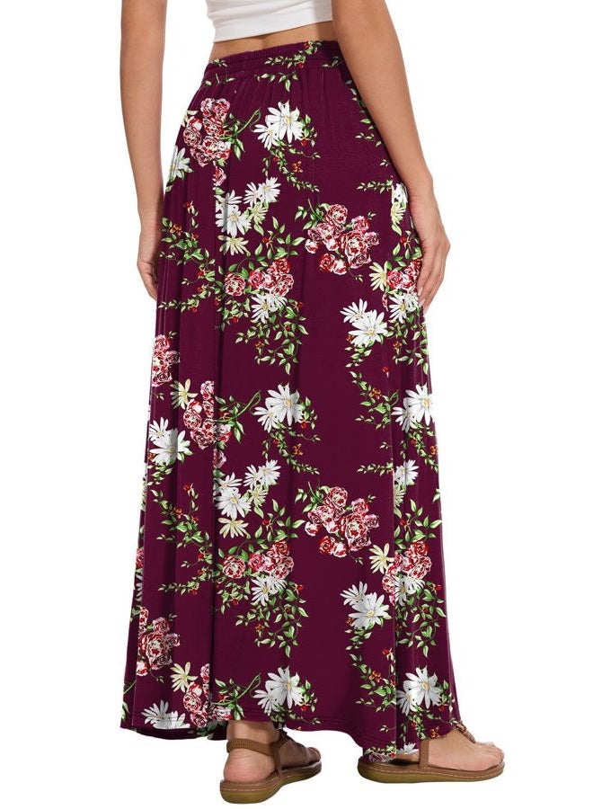 Leafsay Womens Maxi A-line Long Summer Skirt Elastic High Waist Flowy Skirt with Pockets, Flower Wine Red, M - Image 3