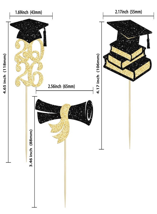 Ephlyn 24Pcs 2024 Graduation Cupcake Toppers Glitter Diploma Grad Cap Class of 2024 Cupcake Picks for 2024 Graduation Theme Party Cake Decorations Supplies Black Gold - Image 2